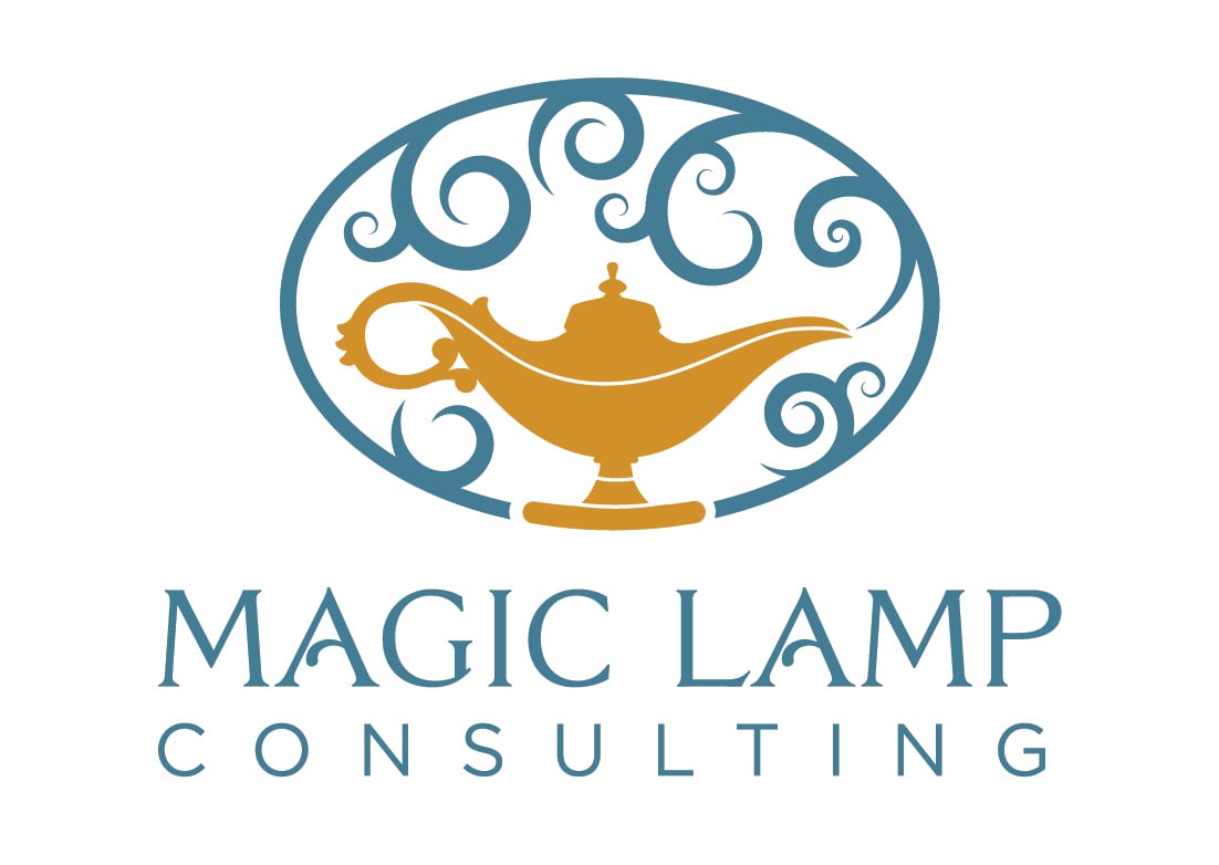 Magic Lamp Consulting Logo with a Bronze Magic Lamp inside a blue oval with swirls